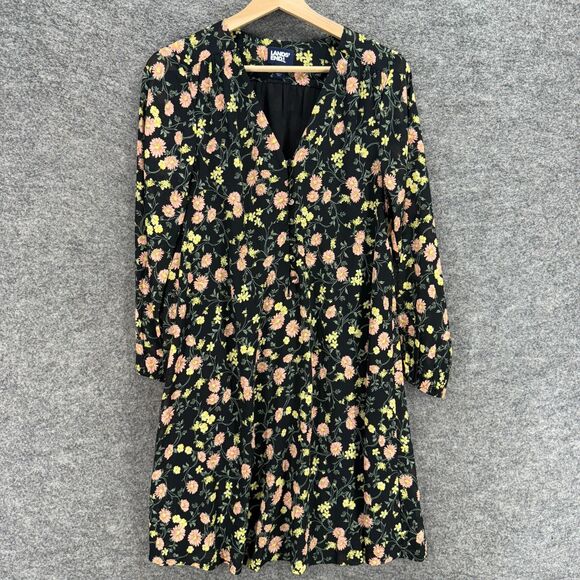 Lands' End Dress Women 2P Petite Black Floral Shift Short V-Neck Long Sleeve - Picture 1 of 7
